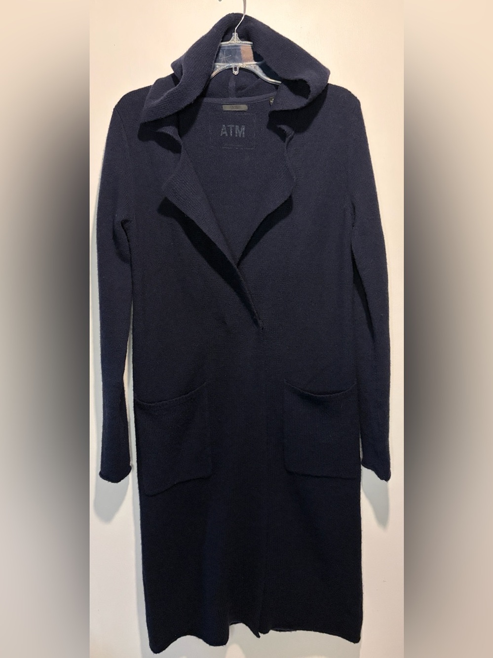 ATM Wool Blend Long Duster Hooded Cardigan Navy Blue Front Pockets Size S